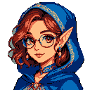 Young woman with auburn hair, round glasses, and pointed elven ears, wearing a blue hooded cloak.