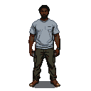 A person with dark skin, a short beard, and dark hair stands centered against a black background. They wear a light grey t-shirt and olive-green cargo pants.