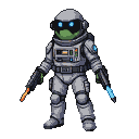 A grey, pixelated alien in a bulky spacesuit holds a laser gun in each hand, one firing an orange beam, the other a blue blast.