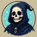 A spectral figure with a skull head, cloaked in deep blue, with a luminous blue outline, against a backdrop of faint twinkling stars and turquoise abstract shapes.