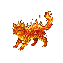A cat made of vibrant, flickering flames, with pixelated eyes and a curled, fiery tail, against a black background.