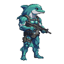 Muscular, bipedal dolphin in tactical gear, holding a rifle.