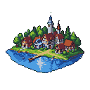 Pixelated village with red-roofed houses, a white lighthouse, green trees, a sandy path, and a wooden dock on an island in an azure lake.