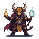 Minotaur mage in golden armor and crimson cape, wielding a flame in its left hand and a blue energy orb on a staff in its right.