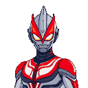 Stoic, pixelated Ultraman in a silver suit with red markings and orange glowing eyes, ready for action.