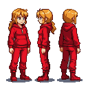 Young woman in a red tracksuit with blonde hair, shown in three side-view poses.