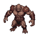 A hulking, muscular monster with pale brown skin, dark brown armor plating on its shoulders and forearms, and a snarling face with sharp teeth.