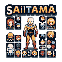 Saitama in his yellow suit stands center, surrounded by a grid of smaller pixel art character portraits against a dark background.