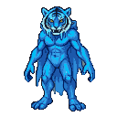 A spectral blue humanoid with a tiger's head, glowing yellow eyes, and icicles dripping from its muzzle.