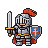 A knight in gleaming pixelated armor with a red helmet plume holds a broadsword and a shield with a golden cross on a blue background.