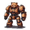A brown bear mech with segmented orange armor, mechanical details, and clawed feet.