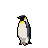 A pixelated penguin with yellow markings stands facing away against a black background.