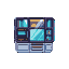 Sci-fi cabinet with a grid of compartments, some glowing cyan, others showing alien landscapes, with a central reflective pane and a utilitarian base.