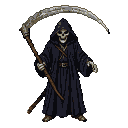 Cloaked Grim Reaper figure with skeletal face, holding a large scythe.