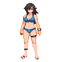 Young woman in a blue bikini with dark, tousled hair.