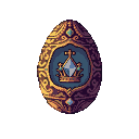 An ornate golden egg with intricate filigree, featuring a pixelated gold crown cradling a blue jewel at its center, against a dark background.