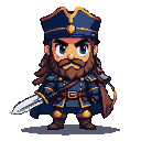 Stern guard in dark blue uniform with gold trim, flowing cape, and ornate hat, holding a gleaming dagger.