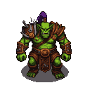 A muscular green orc shaman with purple hair, snarling and ready for battle, wearing leather armor.