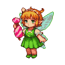 Pixie with auburn hair wearing a green dress and translucent wings, holding a pink and white striped candy.