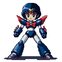 Rei Ayanami piloting a blue and red Mazinger-style mecha, standing in a dynamic, ready-for-action pose.