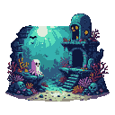 Translucent pale pink octagonal ghost with black pixel eyes stands on a rocky outcrop in a dimly lit underwater realm. Crumbling coral-covered ruins and shadowy sea creatures are visible in the deep blue and teal background.