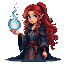 Female mage with fiery red hair, pointed ears, and a dark hooded robe conjuring a blue energy orb.