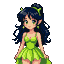 A charming pixie with dark hair and lime green ribbons in her hair, wearing a lime green sundress.