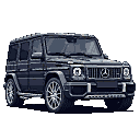 Dark gray Mercedes-Benz G-Wagon in three-quarter front view against a black background.