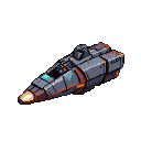 Sleek, gray interstellar combat spacecraft with a glowing orange nose, teal cockpit accents, and orange hull piping against a black background.