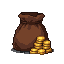 A brown leather sack with a cinched drawstring, beside a small pile of spilling golden coins.