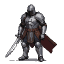 A lone knight with a missing left arm, clad in cracked and dented silver armor, wearily holds a broadsword downwards. A tattered dark red cape hangs from his shoulders.