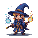 Young wizard holding two staffs, one crackling with blue energy, the other ablaze with orange fire.
