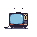 Retro television with red, purple, and gray casing, two antennas, and two knobs on the side. The screen glows light blue.