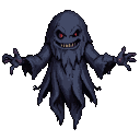 Menacing shadowy figure with glowing red eyes and a jagged grin, tattered dark blue robes, spectral form, clawed hands outstretched against a black background.