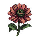 A pink and orange flower with a grinning skull at its center, on a green stem.