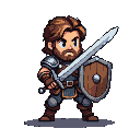 A middle-aged male warrior with brown hair and beard, wearing layered brown and grey armor, grips a broadsword and holds a wooden shield.