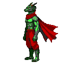Dragon-man warrior with green skin, wearing crimson attire including a scarf, pants, and a billowing cape.