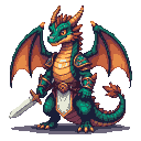 Emerald-scaled dragon lord in golden-orange armor, holding a pixelated sword, with autumnal-hued wings spread slightly.