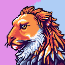A lion's head in profile, with fiery orange and deep purple mane against a cool blue and soft pink background.