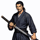 Stoic samurai in a dark blue gi, hand on katana hilt, with dark, tied-back hair and a stern gaze.