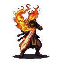 A pixelated figure cloaked in shadow, wreathed in flames, brandishes a glowing sword against a black background.