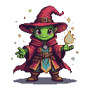 Green-skinned alien wizard with a mischievous grin, conjuring a small flame in its right hand. Wears a red pointed hat, flowing red robe with gold trim, and a teal tunic. Tiny sparkling motes of light drift around.