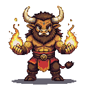 A muscular, beardless Minotaur with golden-brown hide holds two flickering flames in his outstretched hands, wearing a red loincloth and bracers.