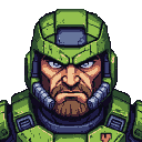 Battle-hardened warrior with furrowed brow, piercing blue eyes, and a thick beard, rendered in a blocky, pixelated style.