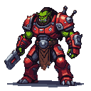 Green-skinned orc in a crimson, angular mech suit, wielding a heavy metallic weapon.