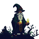 Elderly wizard with a long white beard, wearing a pointed hat and green robes, holds two glowing candles in a dark, ethereal forest.