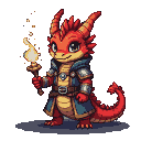 Red dragonborn wizard-inventor with a torch, wearing a blue cloak over red scale armor and yellow tunic.