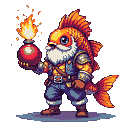 Anthropomorphic goldfish with orange and gold scales, a white beard, and expressive eyes, wearing a blue tunic, brown bracers, boots, and a bandolier, holding a lit bomb with a fiery fuse.