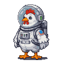A determined chicken wearing a detailed, pixelated astronaut suit with a clear helmet, bulky backpack, and arm patch.