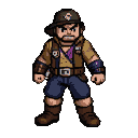 Determined cowboy in tan jacket, dark blue trousers, brown boots, and purple sash, fists clenched.